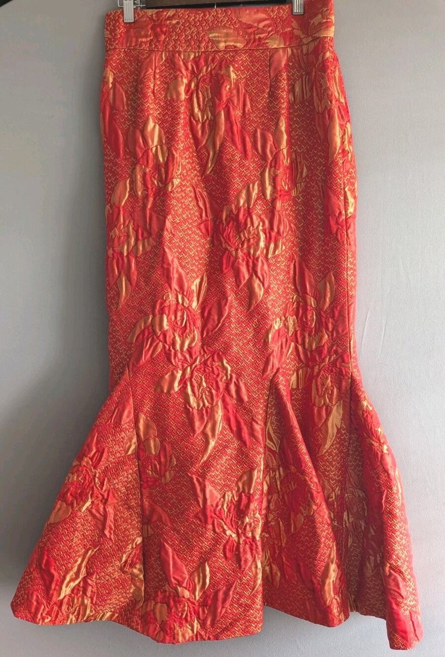 Red Orange Gold Brocade Mermaid Flare Maxi Skirt Floral Size M